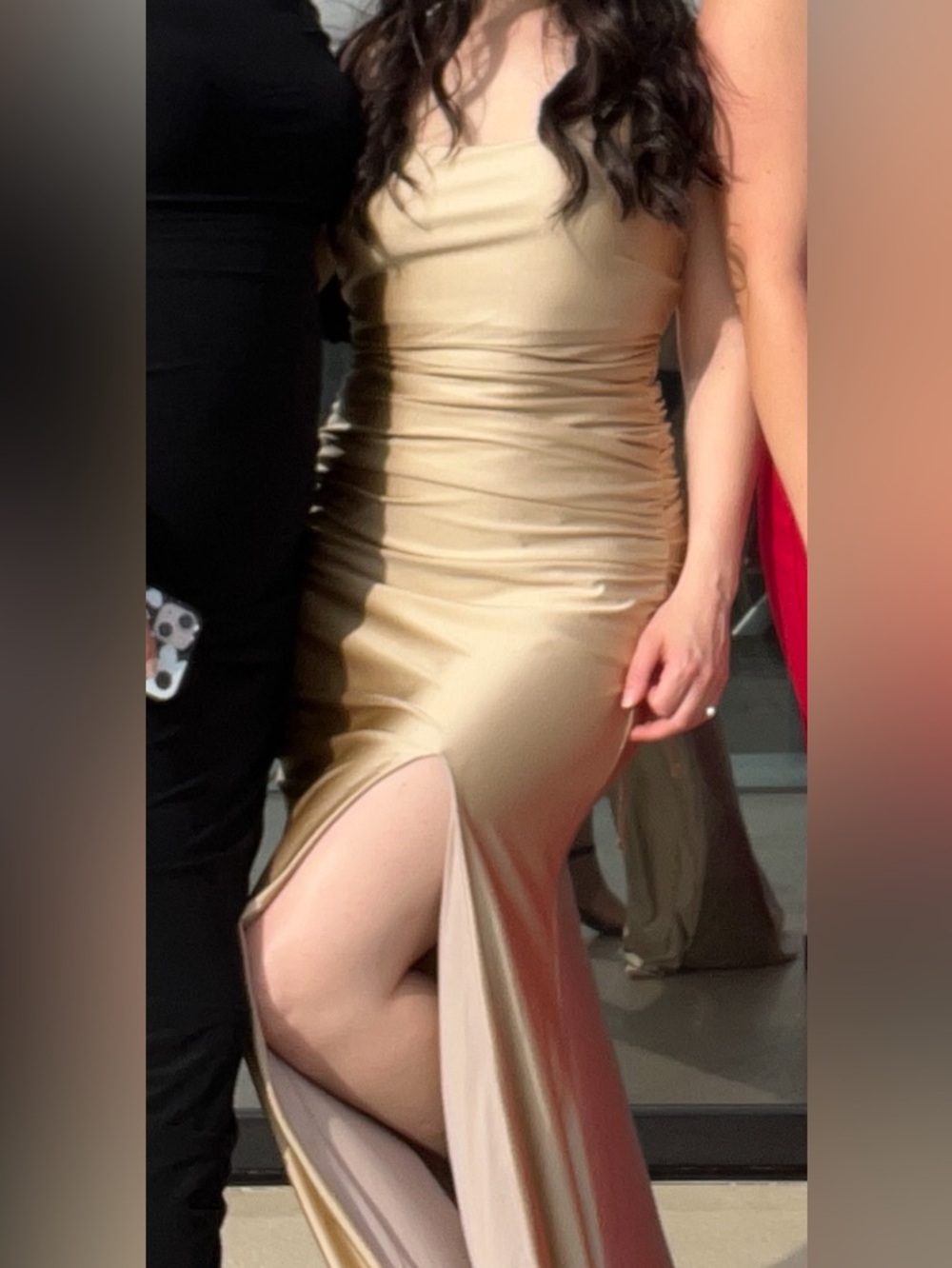 Elegant Champagne Satin Ruched Slip Dress with Thigh Slit and Low Corset Back
